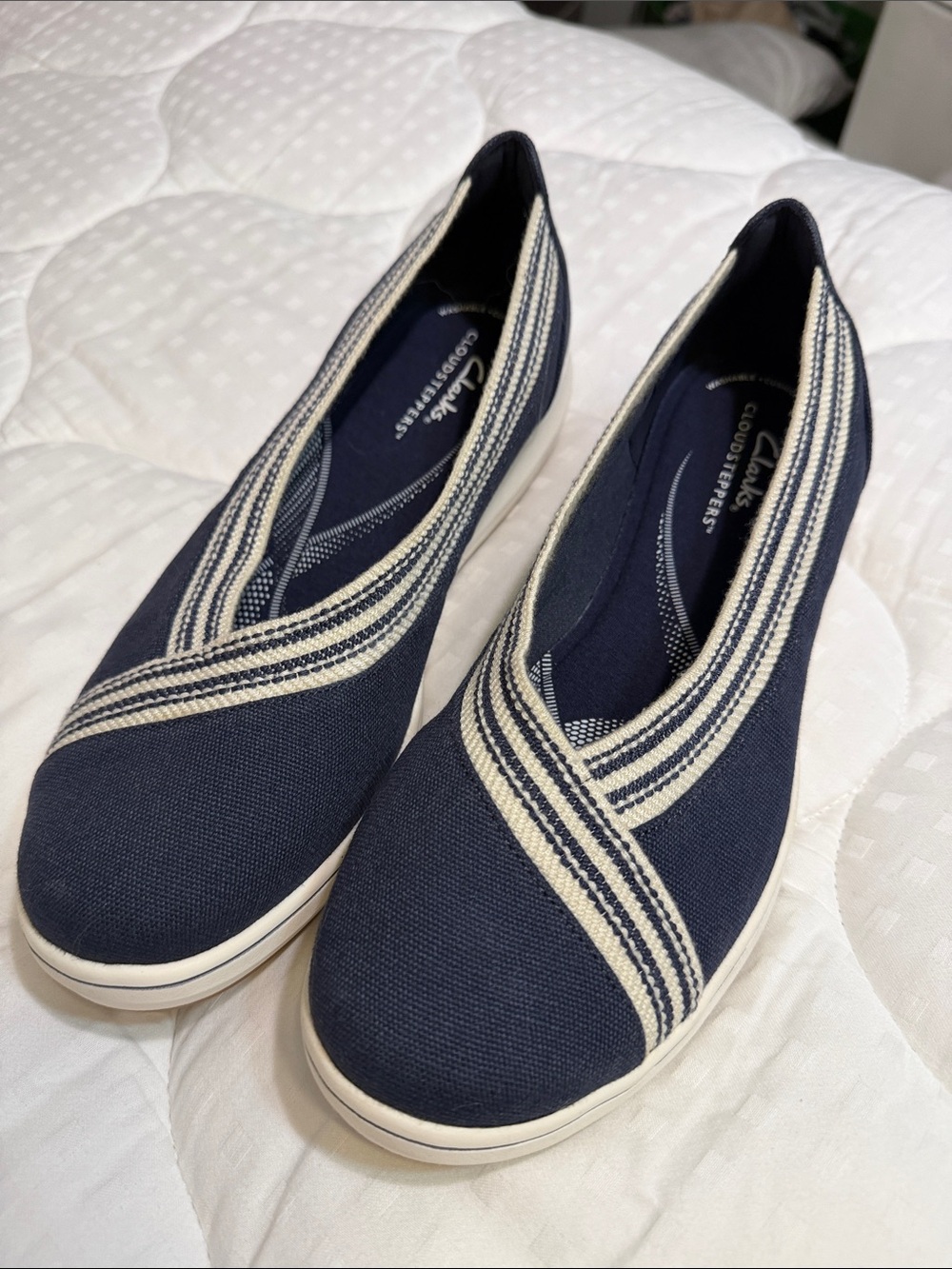 Clarks Navy Knit Slip-On Flats with Cream Stripes